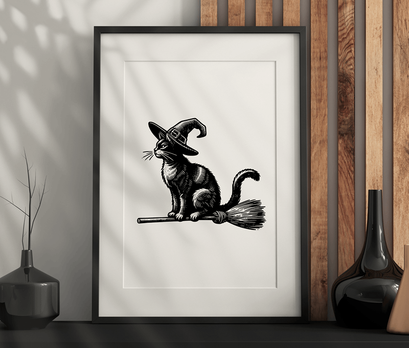 Witch Cat Flying Wall Art – Dark Aesthetic, Vintage, Gothic Artwork Printable PDF