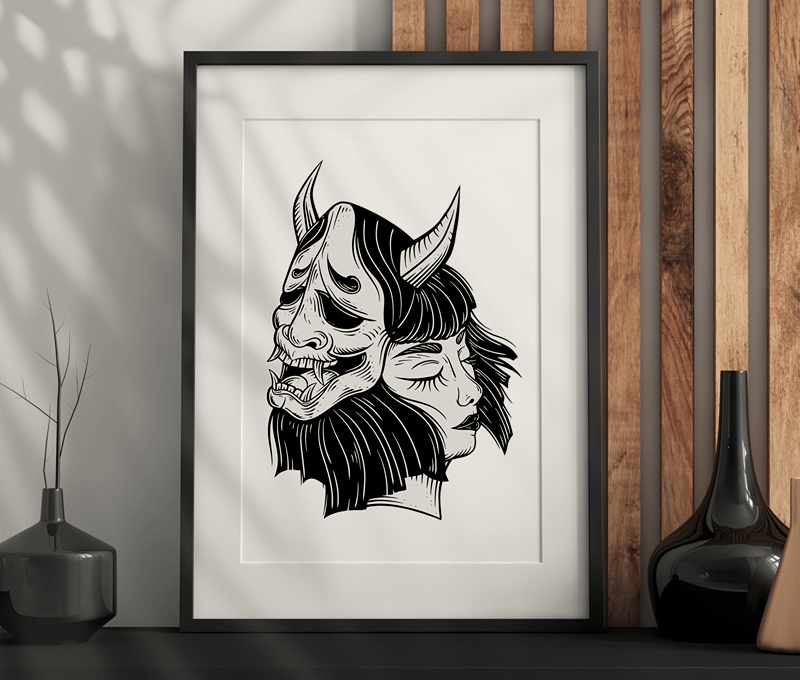 Girl With Demon Mask Wall Art – Dark Aesthetic, Modern, Gothic Artwork Printable PDF