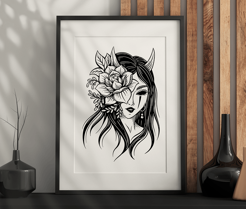 Demon Girl Floral Wall Art – Dark Aesthetic, Modern, Gothic Artwork Printable PDF