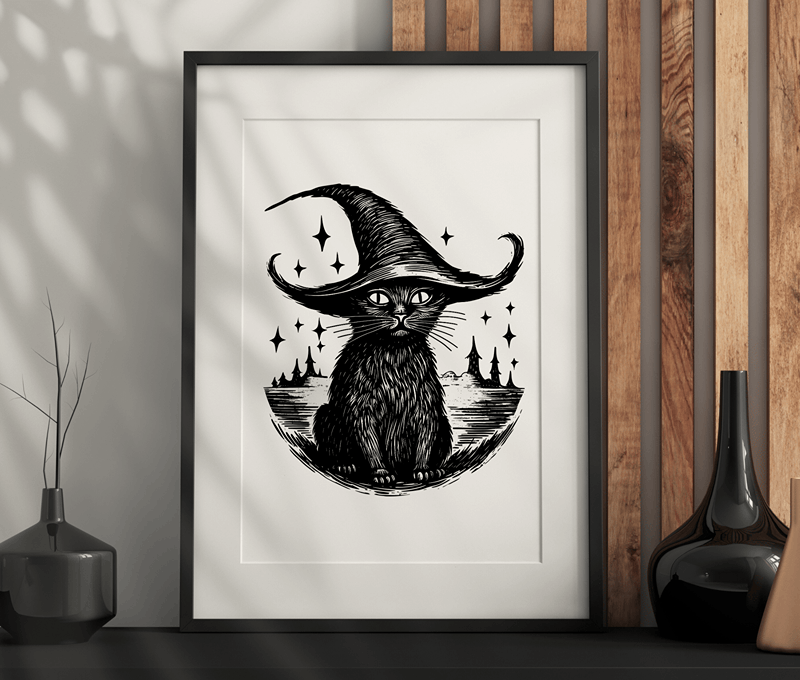 Witch Cat Wall Art – Dark Aesthetic, Vintage, Gothic Artwork Printable PDF